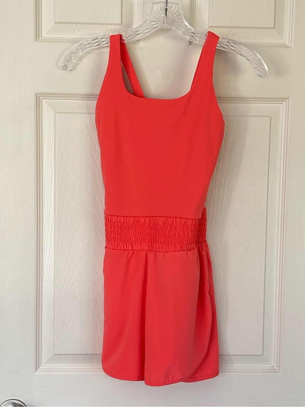 Varsity Coral Athletic Romper with Smocked Waist